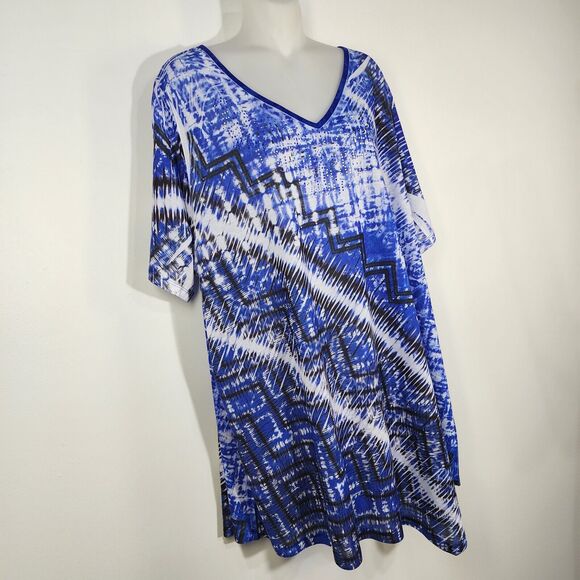 Catherines Womens Tunic Top 1X V Neck Short Sleeve Blue Printed Beaded Strappy - Picture 4 of 10